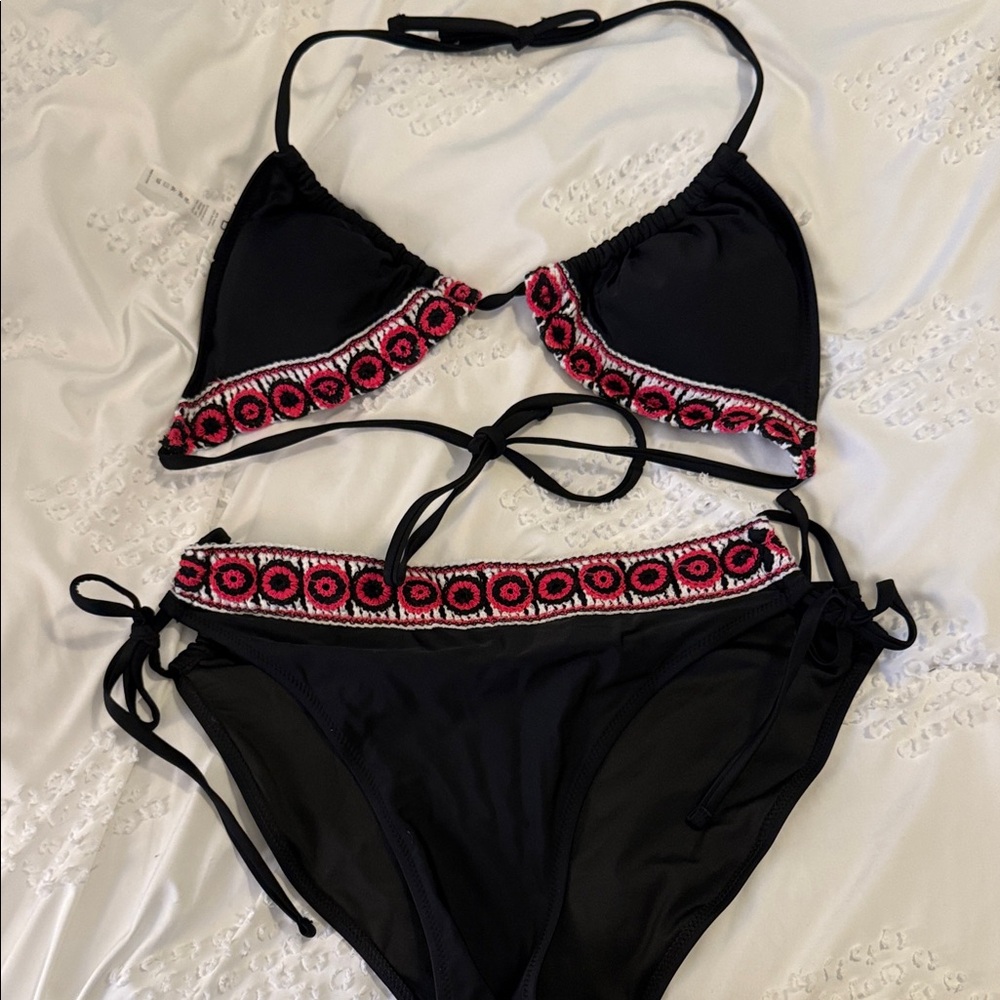 Black Bikini with Redish Pink Embroidery ❤️💖